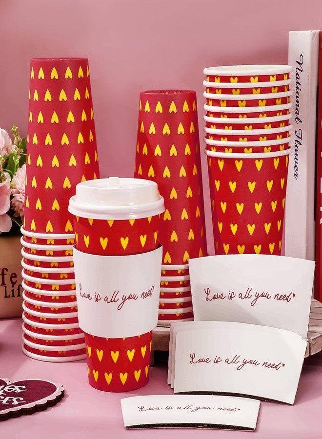 JarThenaAMCS مجموعة JarThenaAMCS المكونة من 48 كوب قهوة ورقية للاستخدام مرة واحدة، مع أغطية وأكمام، باللونين الأحمر والذهبي، مزينة بقلوب، مثالية لعيد الحب وحفلات الزفاف. - Image 4